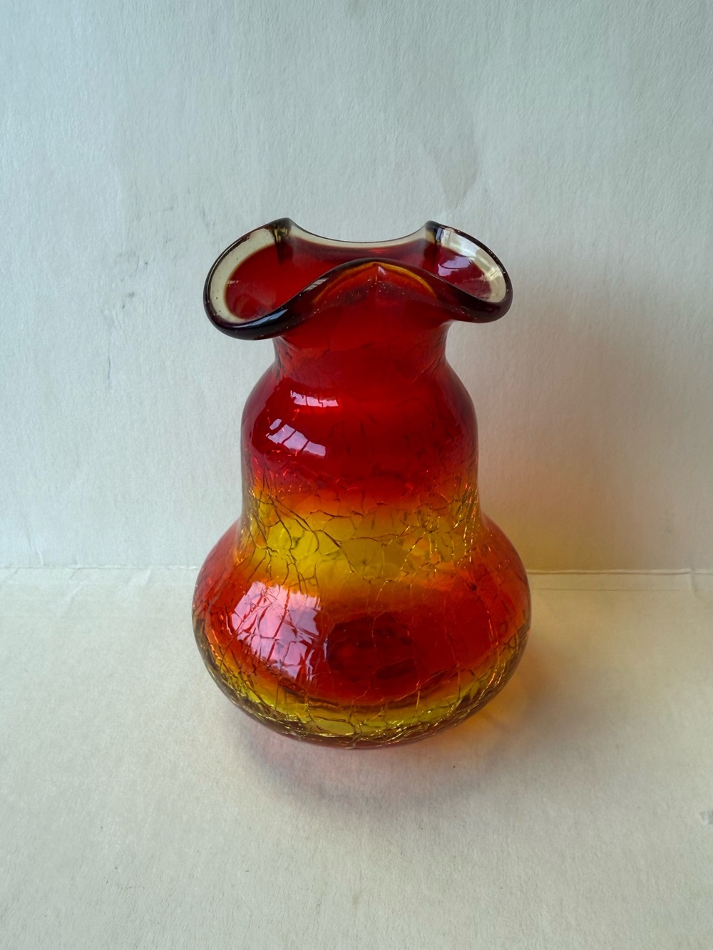 Vintage Handblown Amber-to-Red Amberina Crackle Glass Ruffled Rim Mini  Vase.